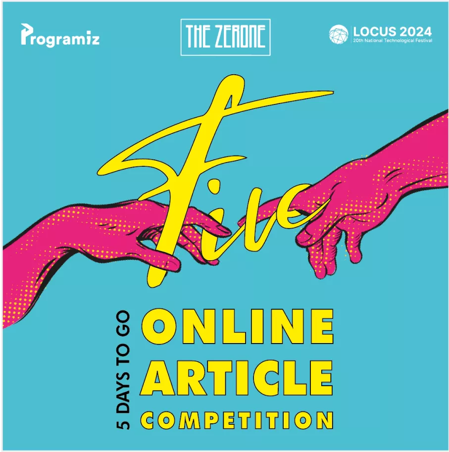 Countdown poster with five days to go for an online article competition, featuring vibrant pink and yellow hands against a blue background.