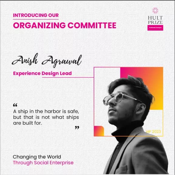 Professional introduction poster for Anish Agrawal, Experience Design Lead, with a motivational quote and a stylish black-and-white photo.
