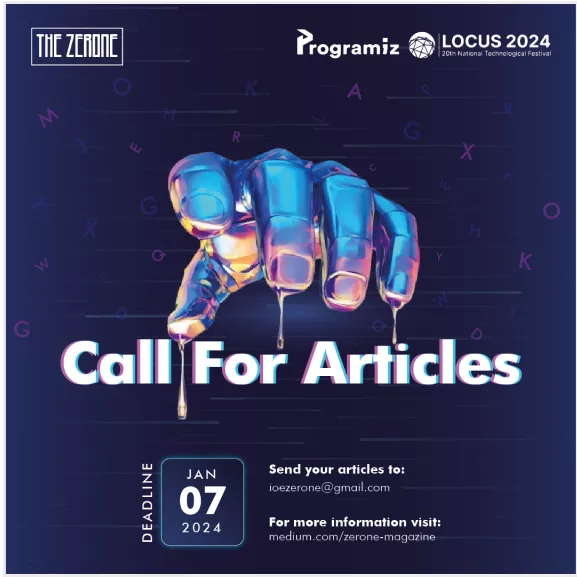 Invitation poster for submitting articles to The Zerone Magazine, featuring a futuristic blue robotic hand and submission details.