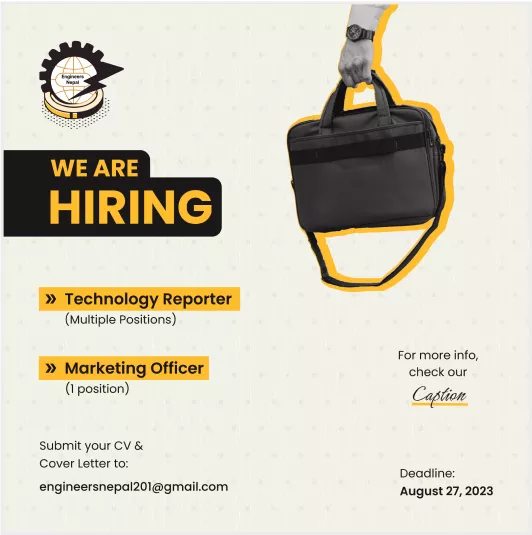 Hiring announcement poster for Technology Reporter and Marketing Officer positions, highlighting application details and deadlines.
