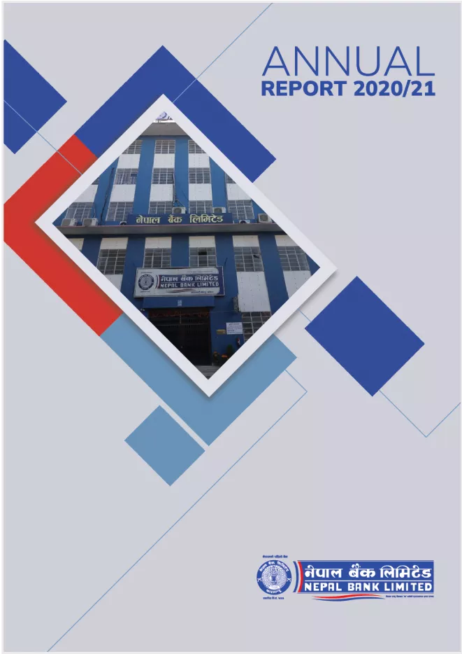 Cover page of Nepal Bank Limited's annual report for 2020/21, featuring a modern geometric design with the bank’s building image.