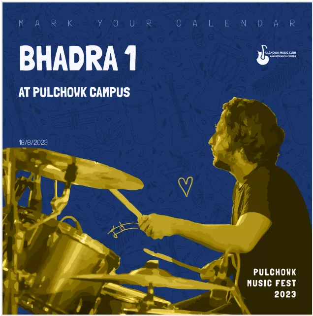 Promotional poster for Pulchowk Music Fest 2023, featuring a drummer in action and event details in bold typography against a blue background.